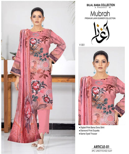 3 Pcs Women's Unstitched Digital Print Suit