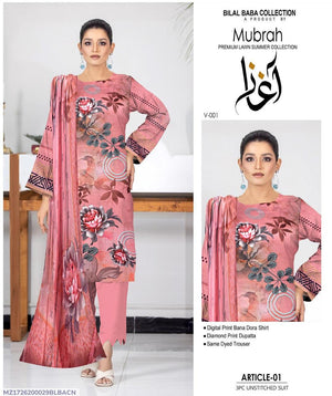 3 Pcs Women's Unstitched Digital Print Suit