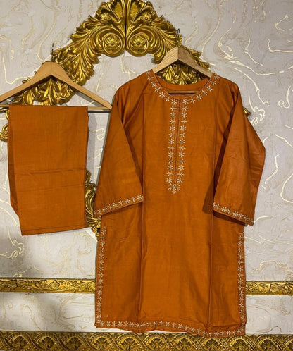 Chic Women's Stitched Embroidered Linen Shirt and Trouser Set - 2 Pcs