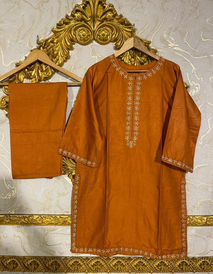 Chic Women's Stitched Embroidered Linen Shirt and Trouser Set - 2 Pcs