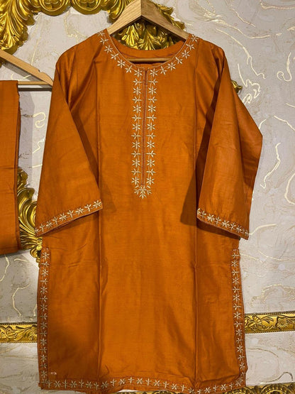 Chic Women's Stitched Embroidered Linen Shirt and Trouser Set - 2 Pcs