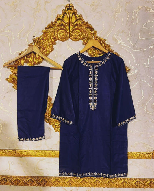 Blue Embroidered Linen Shirt And Trouser Set - 2 Pcs for Women