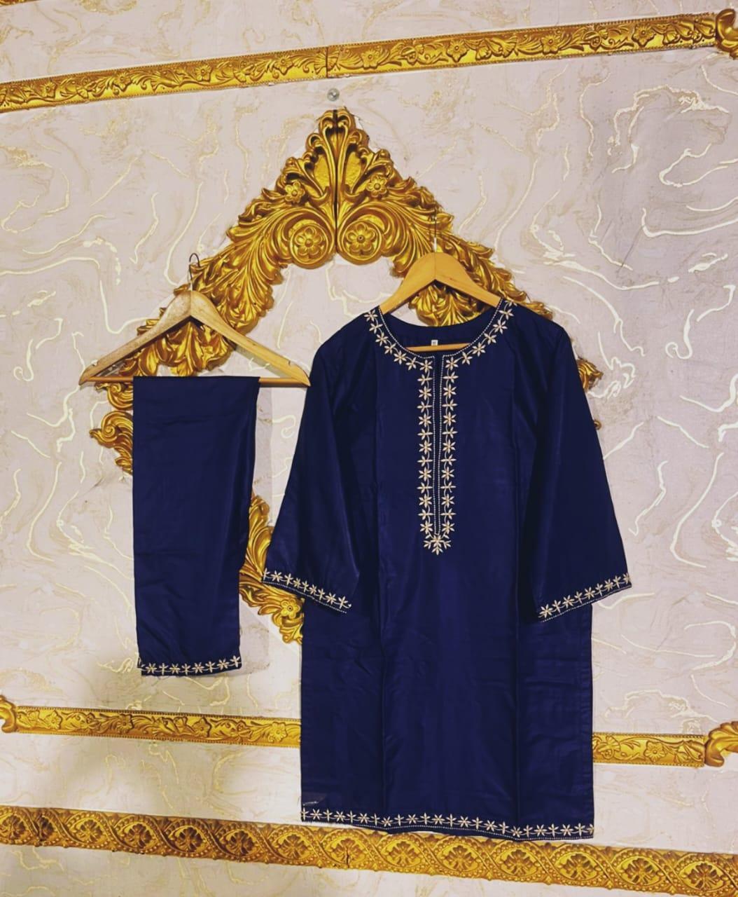 Blue Embroidered Linen Shirt And Trouser Set - 2 Pcs for Women