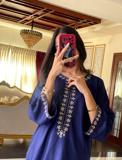 Embroidered Linen Shirt and Trouser Set - 2 Pcs Women's Stitched Elegance