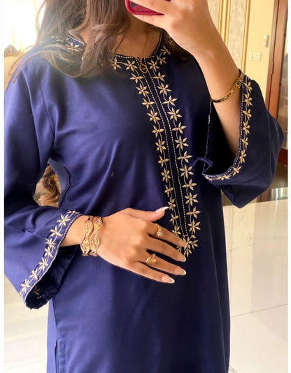 Embroidered Linen Shirt and Trouser Set - 2 Pcs Women's Stitched Elegance