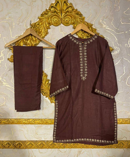 Chic Women's Stitched Linen Shirt and Trouser Set - 2 Pcs, Embroidered Design