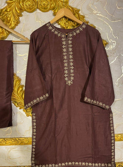 Chic Women's Stitched Linen Shirt and Trouser Set - 2 Pcs, Embroidered Design