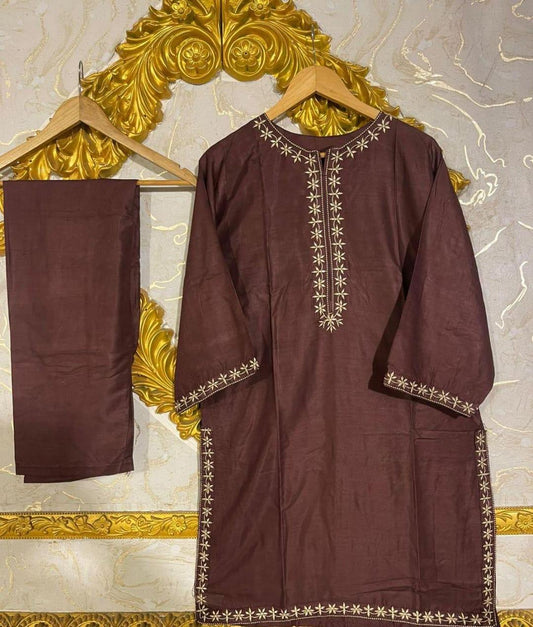 Chic Women's Stitched Linen Shirt and Trouser Set - 2 Pcs, Embroidered Design